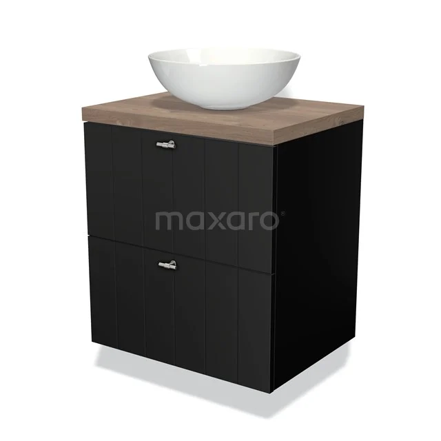 Zwarte wastafelmeubel, houtlook blad, twee lades met chromen grepen, voorzien van witte opzetkom; modern badkamerdesign.