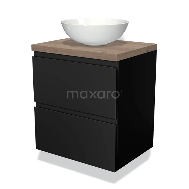 Zwart badkamermeubel met houten blad en witte waskom, strak design, ideaal voor moderne badkamers.