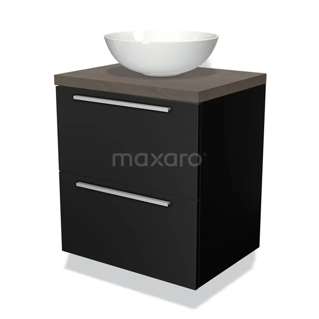 Zwart badkamermeubel met houten blad en keramische komvormige wastafel, modern design geschikt voor compacte badkamers.