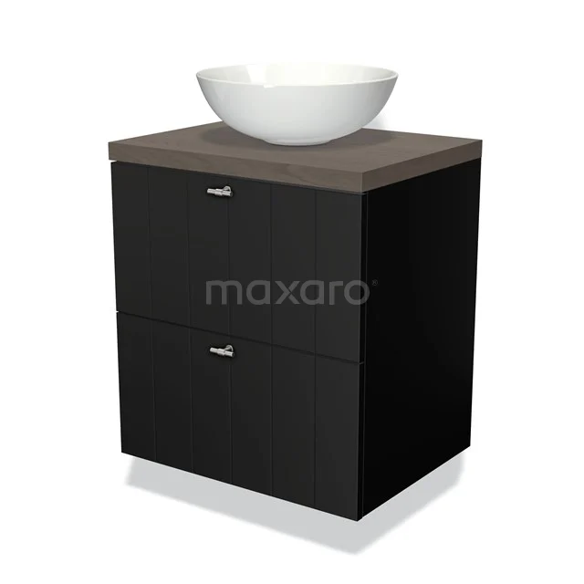 Badmöbel für Waschtischunterschrank mit Konsole 60cm Modulo Plato Matt Schwarz 2 Schubladen Lamelle dunkelbraune Eiche Platte BMK17-00169 Schwarzer Badschrank mit Holzlook Platte, keramischem Aufsatzwaschbecken und zwei Schubladen, ideal für stilvolle und moderne Badezimmer.