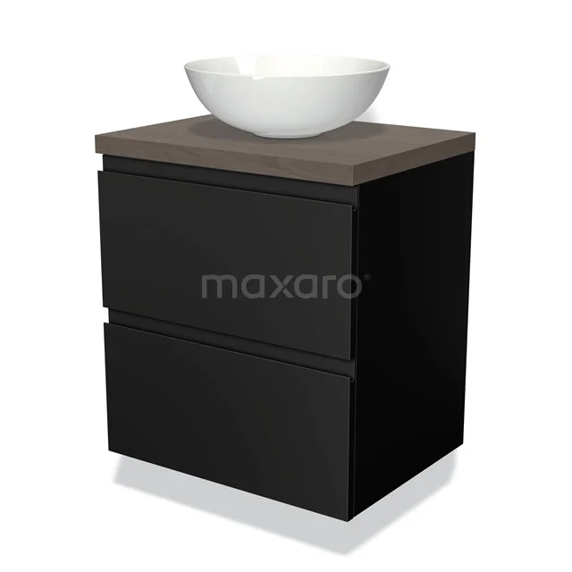 Zwarte badkamermeubel met twee lades, houten blad en ronde witte waskom; modern design, perfect voor elke badkamerstijl.