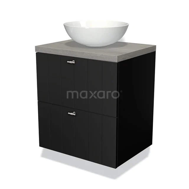 Badmöbel für Waschtischunterschrank mit Konsole 60cm Modulo Plato Matt Schwarz 2 Schubladen Lamelle Graue Eiche Platte BMK17-00172 Schwarzes Badmöbel mit Beton Waschtischplatte und runder weißer Aufsatzwaschbecken, modernes Design mit zwei Schubladen für Stauraum.