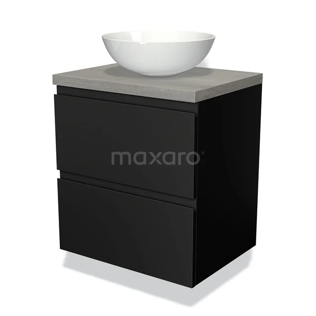 Schwarzer Badschrank mit zwei Schubladen, Betonlook Waschtischplatte und runder weißer Aufsatzwaschbecken; modernes Design für stilvolle Bäder.