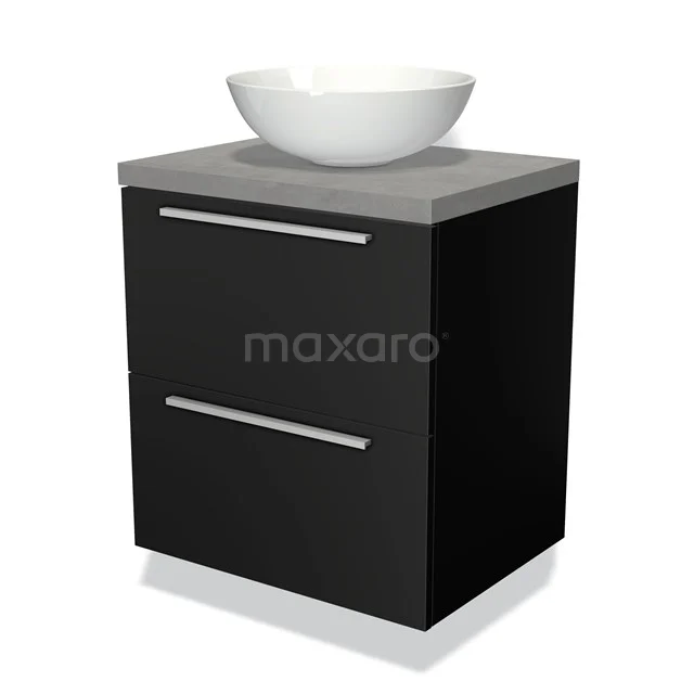 Zwarte badkamermeubel met twee lades, grijs blad en witte ronde waskom, modern design voor strak ingerichte badkamers.
