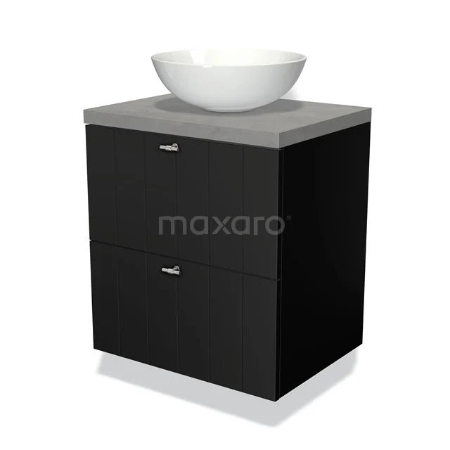 Zwarte badkamerkast met betonlook wastafelblad, witte ronde waskom en twee lades; modern design.