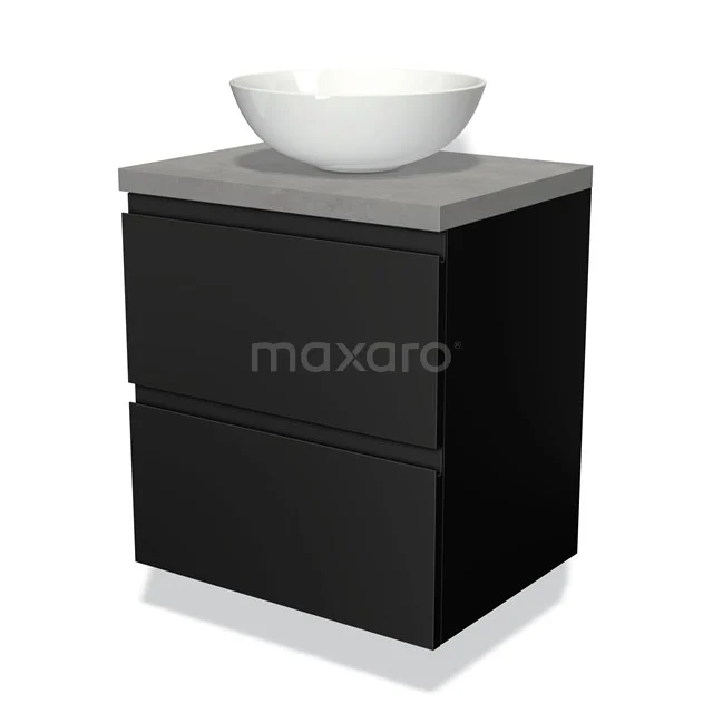 Zwarte badkamermeubelset met betonnen blad en witte ronde wastafel, modern design voor een stijlvolle badkamer.