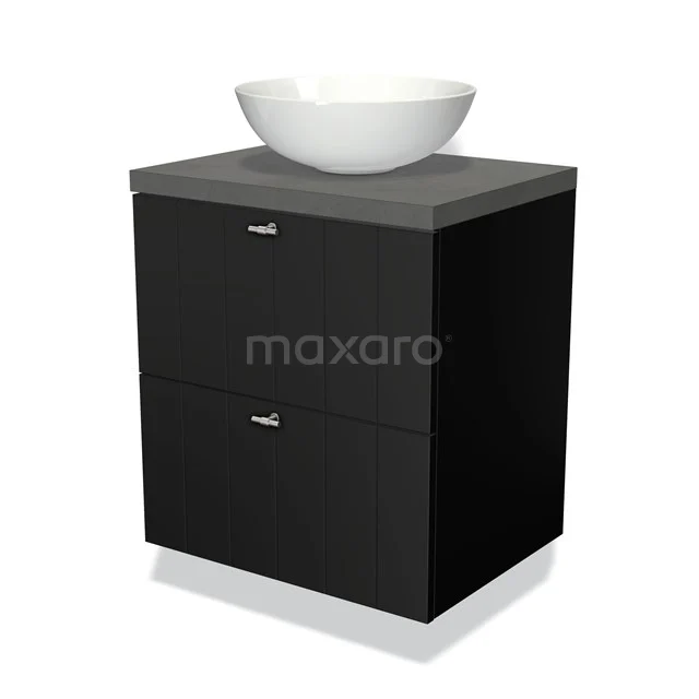 Zwarte badkamermeubelset met twee laden, grijze stenen wastafelblad en witte ronde wastafel, modern design.