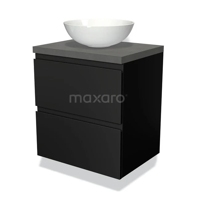 Zwarte badkamerkast met twee lades, grijs wastafelblad en ronde witte waskom, modern design uit duurzame materialen.