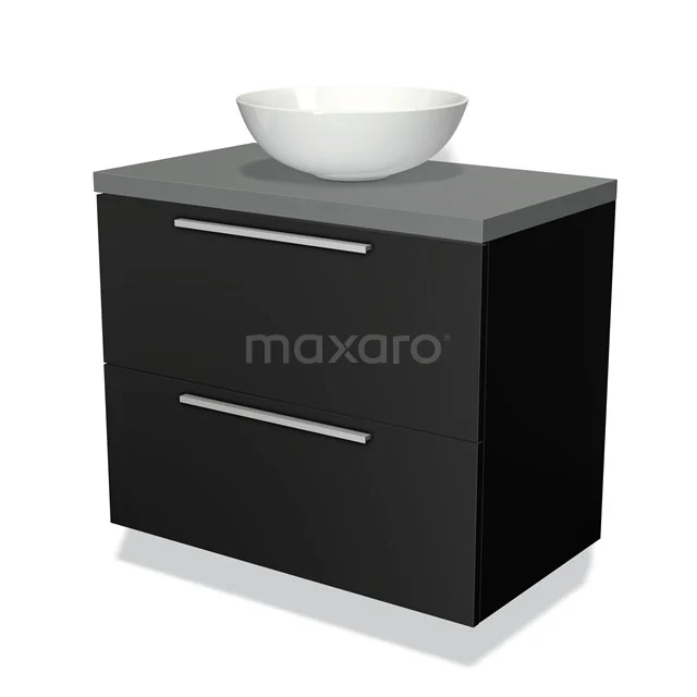 Zwarte badkamermeubelset met grijs blad, witte ronde waskom en zilveren handgrepen, modern en compact design.