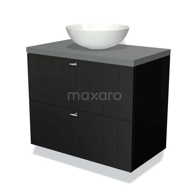 Zwarte badkamermeubelset met grijs blad en witte opbouw wastafel, modern design met twee lades voor optimale opbergruimte.