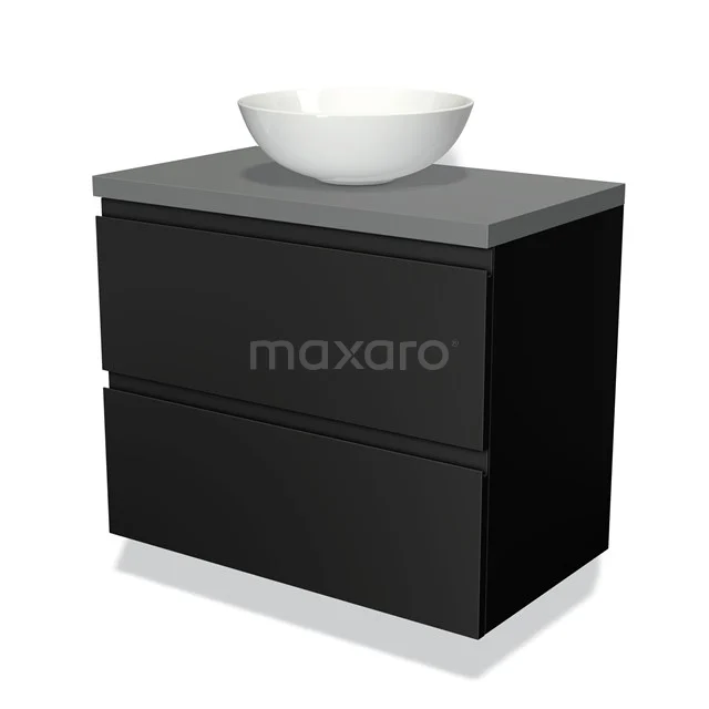 Zwarte badkamermeubelset met twee lades, grijs blad en witte waskom. Modern design, ideaal voor badkameropslag.