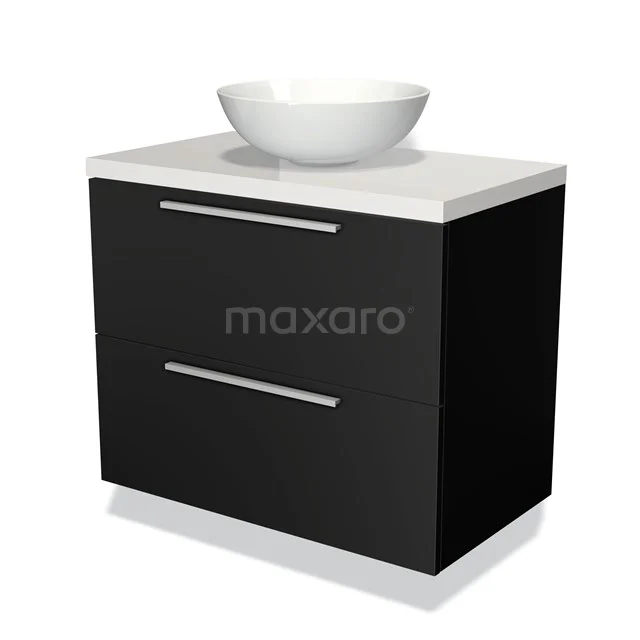 Zwarte badkamermeubelset met keramische waskom en strakke zilveren grepen, ideaal voor moderne badkamers.