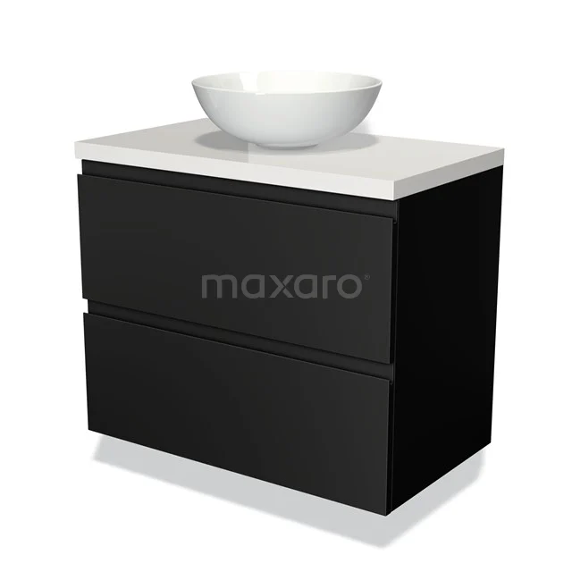 Zwarte badkamermeubel met witte waskom; modern design met strakke lijnen, ideaal voor een stijlvolle badkamer inrichting.
