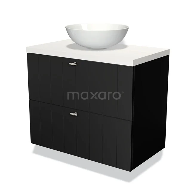 Zwarte badkamermeubel met witte wastafel, modern design, twee lades en mat afwerking, ideaal voor stijlvolle badkamerinrichting.