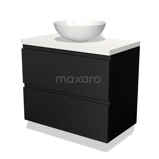 Zwarte badkamermeubel met witte waskom, modern design, 2 lades, hoogglans afwerking. Perfect voor een stijlvolle badkamer.