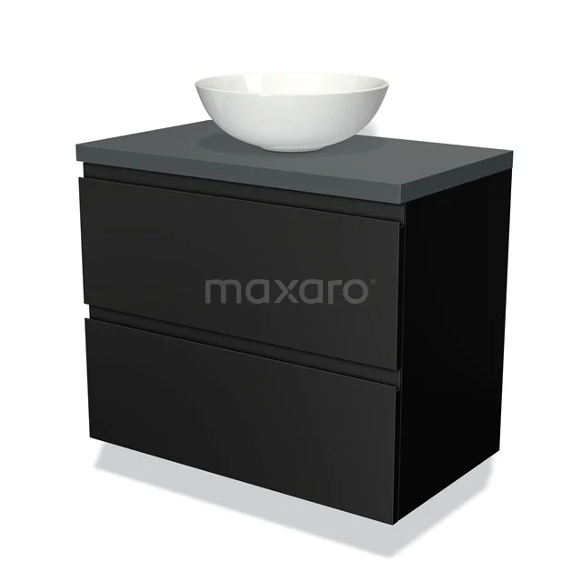 Zwarte badkamermeubel met matgrijs blad, witte keramische waskom en twee lades; modern design, geschikt voor elke badkamerstijl.