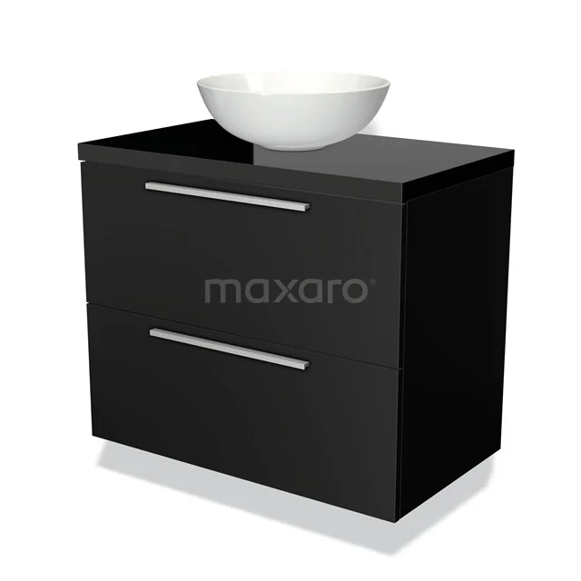 Zwarte hangende badkamerkast met wit keramisch waskom design, modern stijl met metalen handgrepen.