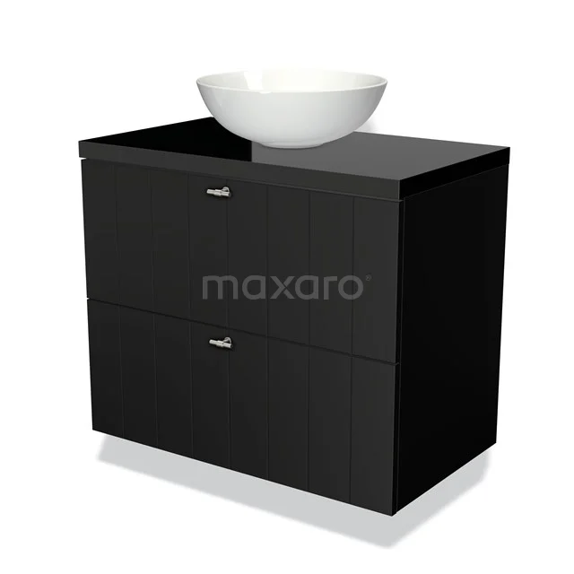 Zwart badkamermeubel met twee lades en ronde witte wastafel, strak design en geschikt voor moderne badkamers.