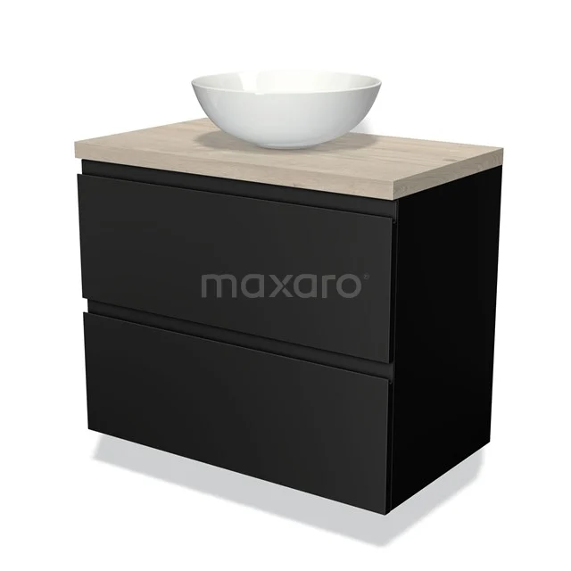 Zwart badkamermeubel met twee lades, houtlook blad en witte ronde waskom, modern design voor stijlvolle badkamers.