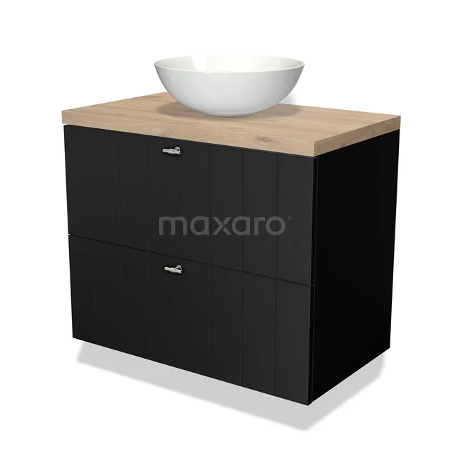Waschtischunterschrank mit Konsole 80cm Modulo Plato Matt Schwarz 2 Schubladen Lamelle Hellbraune Eiche Platte BMK17-00202 Schwarze Badmöbelset mit Holzplatte und keramischem Aufsatzwaschbecken, modernes Design für ein stilvolles Badezimmer.