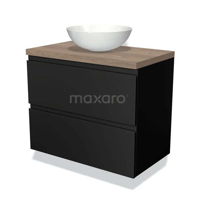 Zwarte badkamermeubelset met houten blad en witte waskom, modern design, ideaal voor een stijlvolle badkamerinrichting.