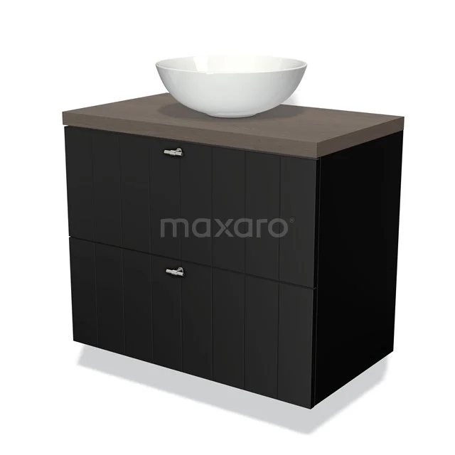 Zwarta badkamermeubel met houten blad en witte waskom, modern design, ideaal voor stijlvolle badkamers.