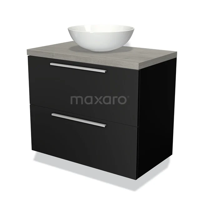 Zwart badkamermeubel met twee lades, rond witte wastafel en grijs blad, strak design van hout voor moderne badkamers.