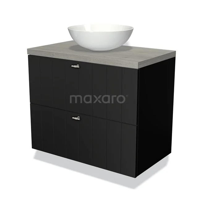 Zwarte badkamermeubelset met betonlook blad en witte ronde wastafel, modern design voor stijlvolle badkamerinrichting.