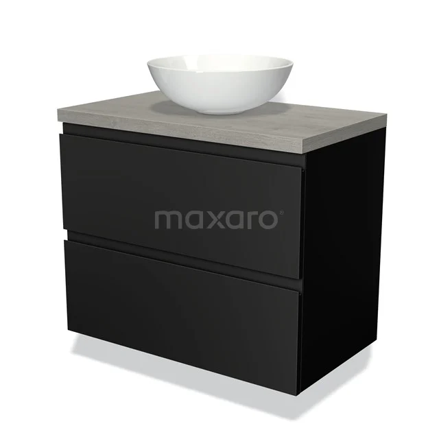 Zwarte badkamermeubel met twee lades, betonnen blad en witte komvormige wasbak, modern design.