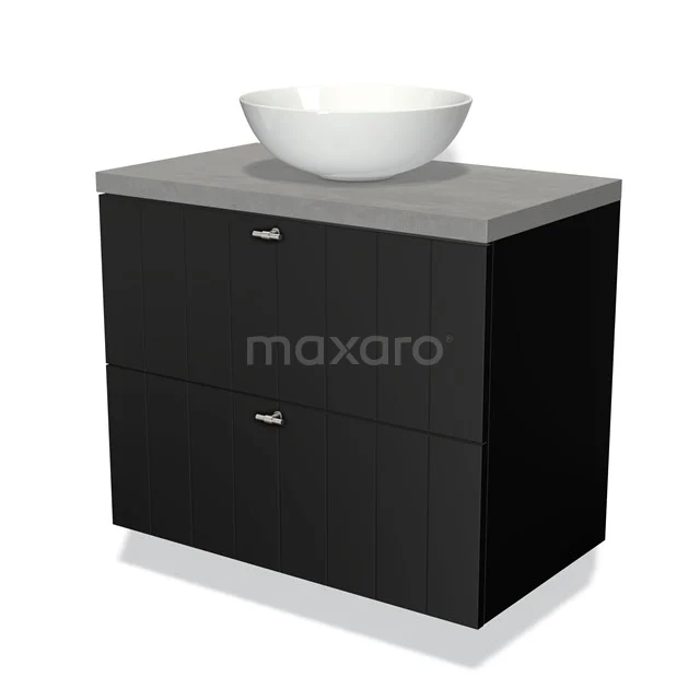 Zwart houten badkamermeubel met grijs blad en ronde witte wastafel, modern design uit de Elegance-serie.