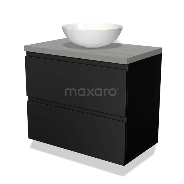 Zwarte badkamermeubelset met betonlook blad en witte waskom, modern design met strakke lijnen.