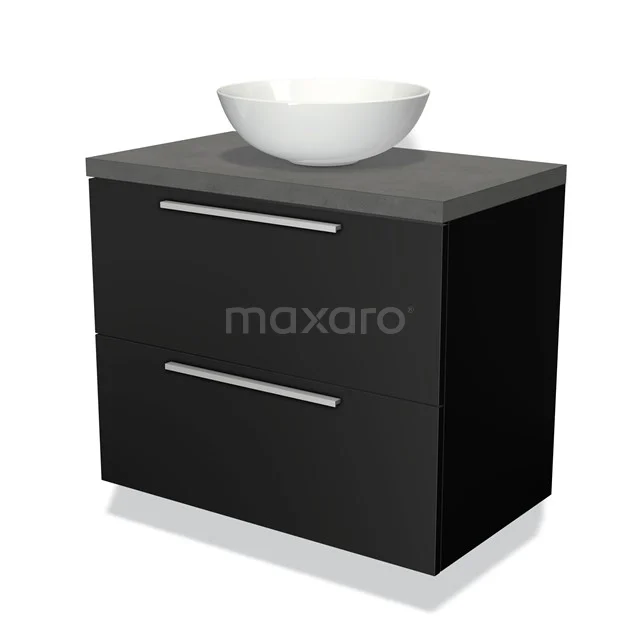 Zwarte badkamermeubel met matte afwerking, twee lades en witte opbouw wastafel; modern design voor stijlvolle badkamers.