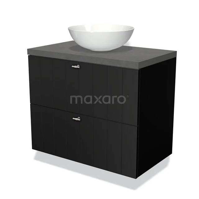 Zwarte badkamermeubelset met grijs blad, witte komvormige wastafel, en strak design; ideaal voor een moderne badkamer.