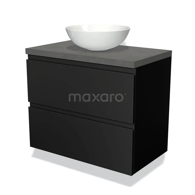 Zwarte badkamermeubelset met matgrijs blad en witte ovale waskom, modern design, ideaal voor een stijlvolle badkamer.
