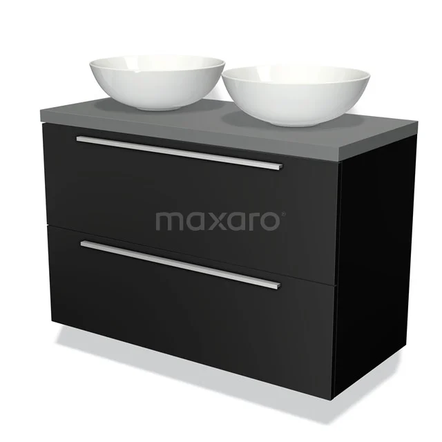 Zwart badkamermeubel met twee witte ovale waskommen, strak design, mat grijs blad en minimalistische metalen handgrepen.