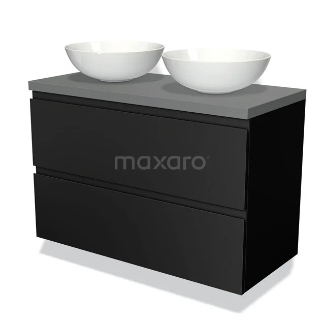 Zwart badkamermeubel met dubbel wastafelblad, twee witte kommen en strak design; ideaal voor een moderne badkamer.