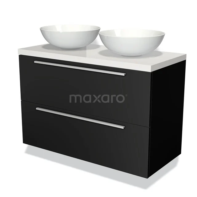 Schwarz Badmöbel mit Doppelwaschbecken, schlichte weiße Plattenoberfläche und modernem Designstil.