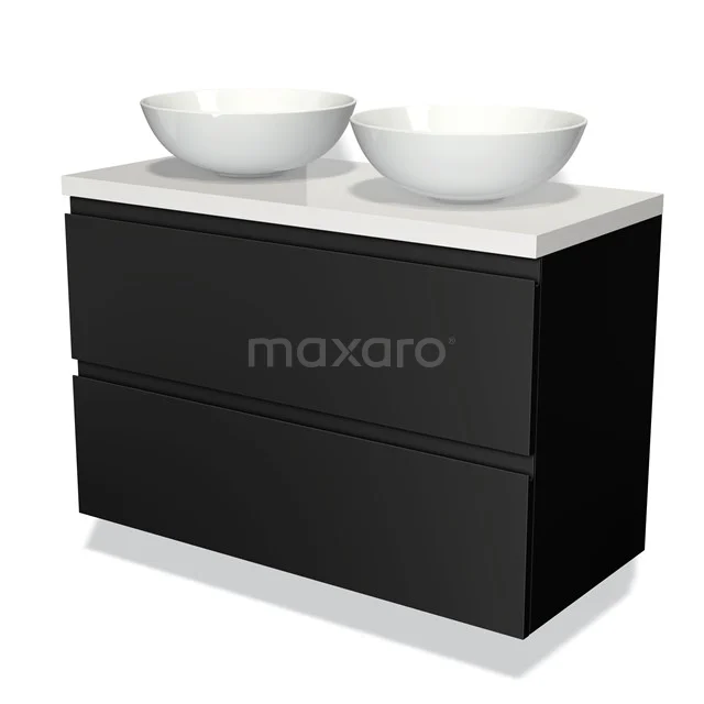 Zwarte dubbele wastafelmeubel met soft-close laden, witte keramische waskommen en een strak modern design voor de badkamer.