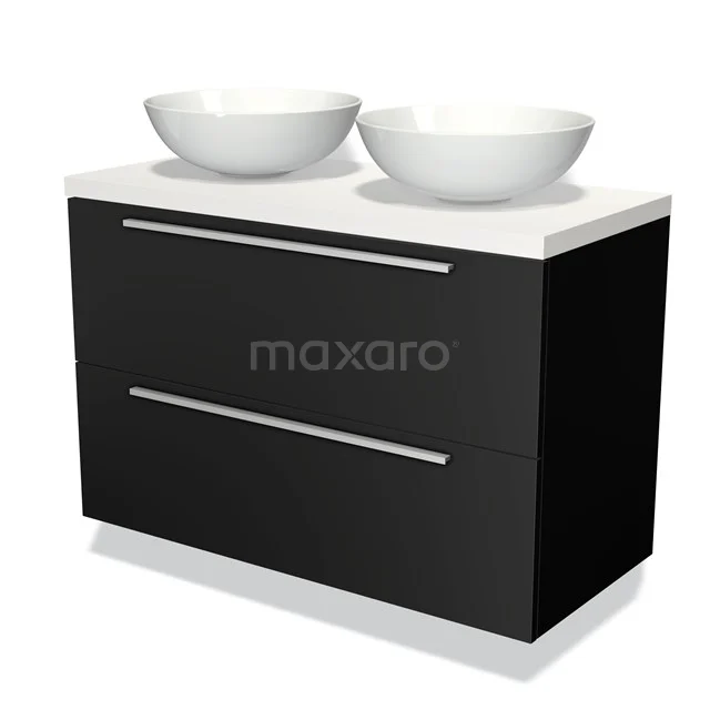 Zwarte badkamermeubel met twee witte waskommen, strak design en chromen handgrepen, ideaal voor een moderne badkamer.