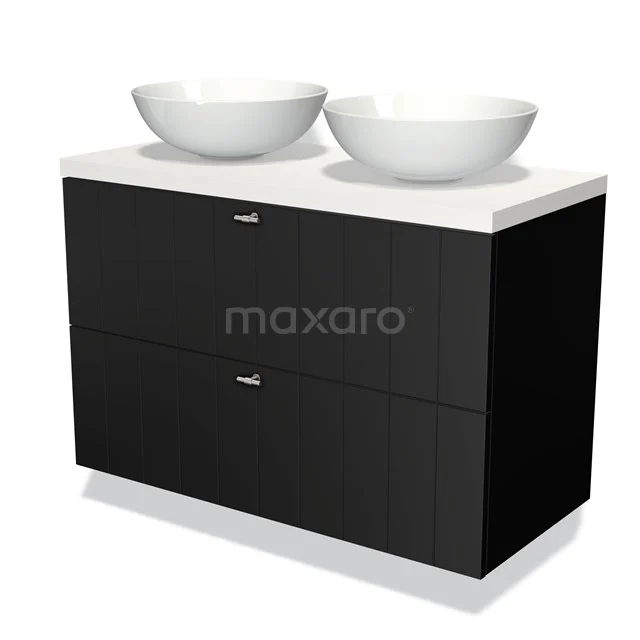 Schwarze Badmöbelset mit doppelten weißen Aufsatzwaschbecken, modernes Design, hochwertige Materialien und geräumigen Schubladen.