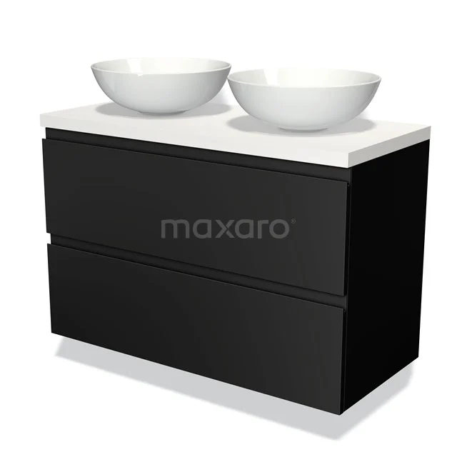 Zwarte badkamermeubelset met twee witte wastafels, minimalistisch design, perfect voor een moderne badkamer.