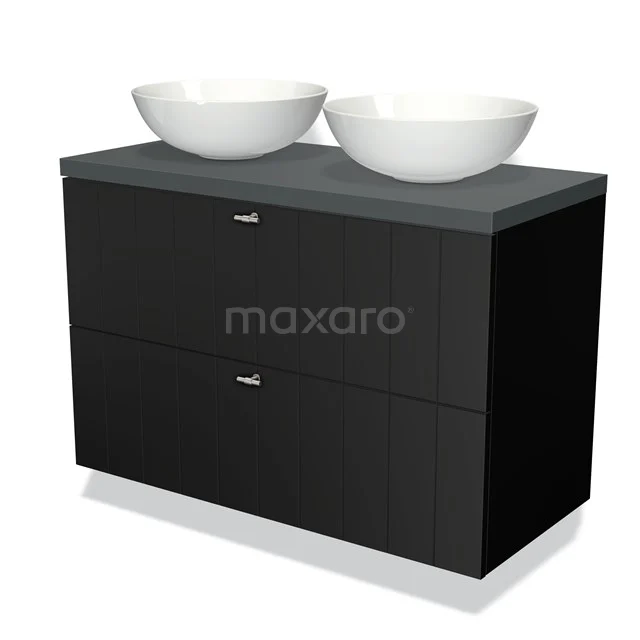 Badmöbel für Waschtischunterschrank mit Konsole 100cm Modulo Plato Matt Schwarz 2 Schubladen Latte Dunkelgrau Platte BMK17-00229 Schwarze Badmöbelset mit zwei weißen Aufsatzwaschbecken, modernes Design mit zwei Schubladen und schlichten Haltegriffen.