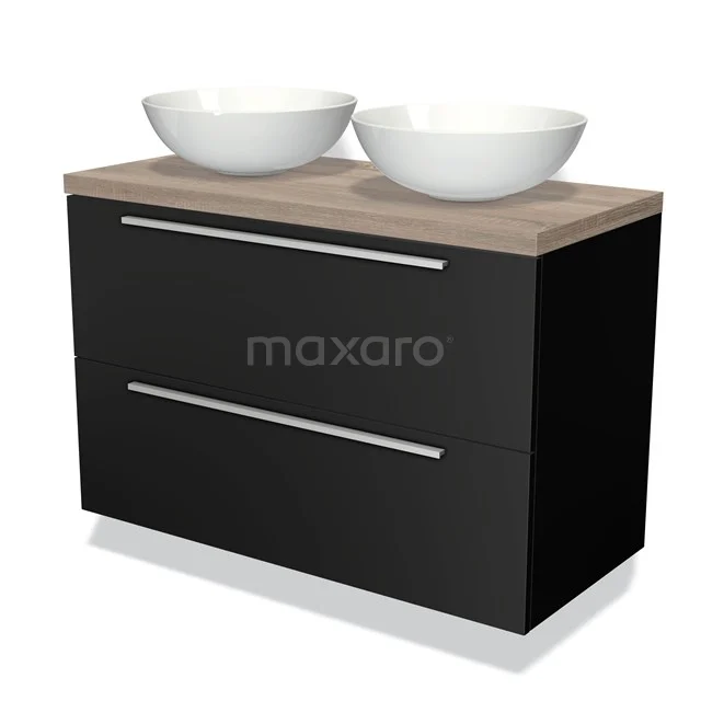Zwarte badmeubelset met houtlook blad en twee witte keramische waskommen, modern design voor stijlvolle badkamers.
