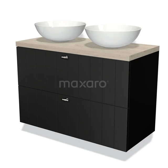 Zwart houten badkamermeubel met twee witte waskommen en een licht houten blad, perfect voor een moderne badkamerstijl.