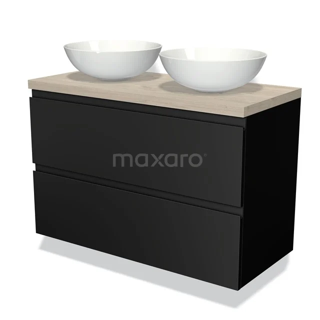 Zwart badkamermeubel met twee witte waskommen, houtlook bovenblad en minimalistisch design. Perfect voor een moderne badkamer.