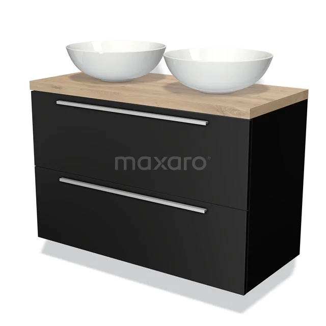 Zwart badkamermeubel met houten blad, dubbele witte waskommen en strakke metalen handgrepen, ideaal voor moderne badkamers.