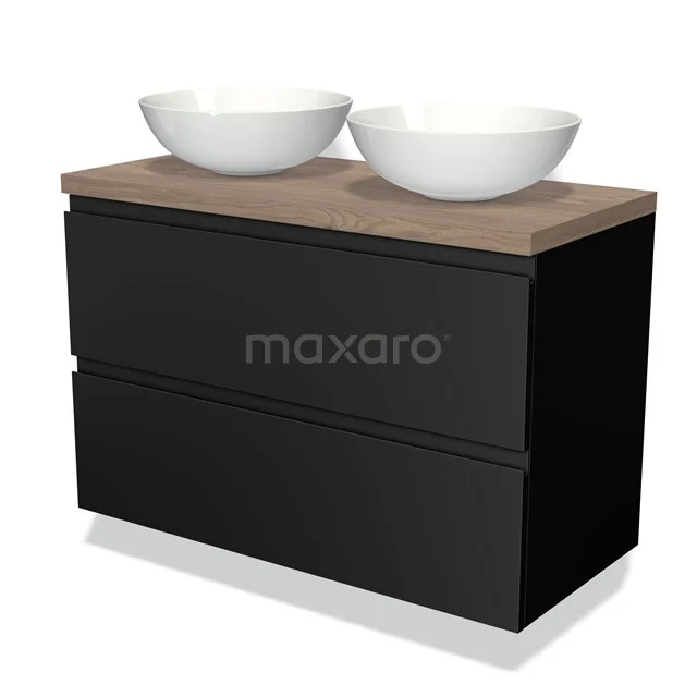 Zwarte badmeubel met houtlook blad en dubbele witte opzet wastafels; modern design voor stijlvolle badkamers.