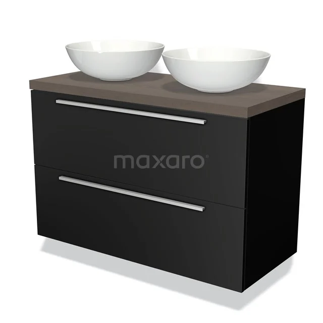Zwart badkamermeubel met houten blad, dubbele witte waskommen en moderne metalen handgrepen, perfect voor een stijlvolle badkamer.
