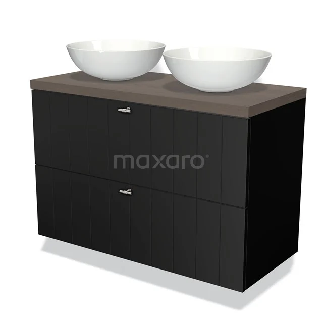 Zwart badkamermeubel met houten blad, twee ronde wastafels, modern design, ideaal voor stijlvolle badkamerinrichting.