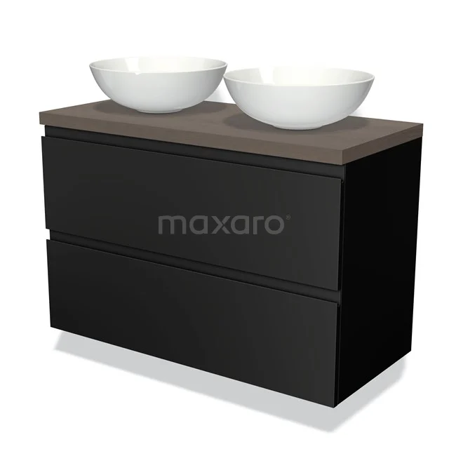 Zwarte badmeubelset met houten blad en twee witte waskommen, modern design voor een stijlvolle badkamer.